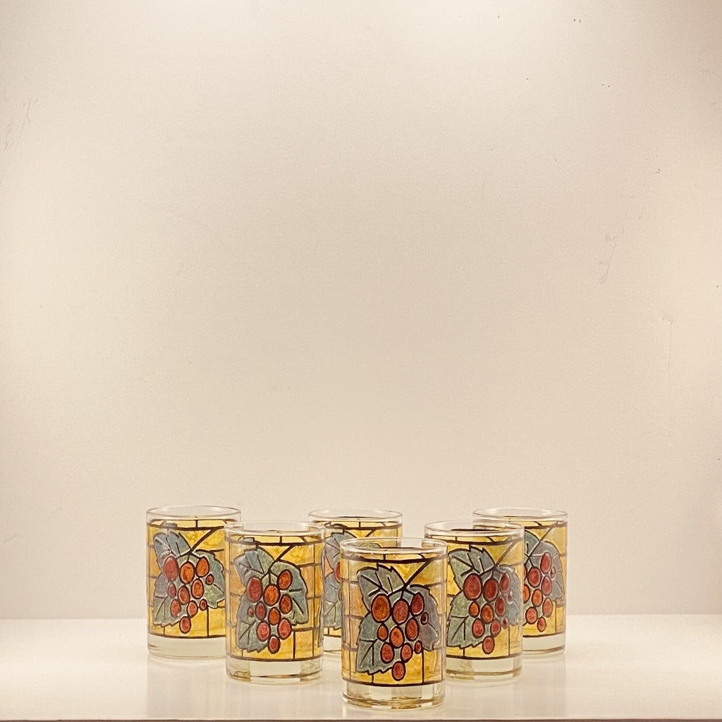 Vintage MID CENTURY MODERN STAIN GLASS HOLLY Lowball Tumbler Glasses - Set of 5