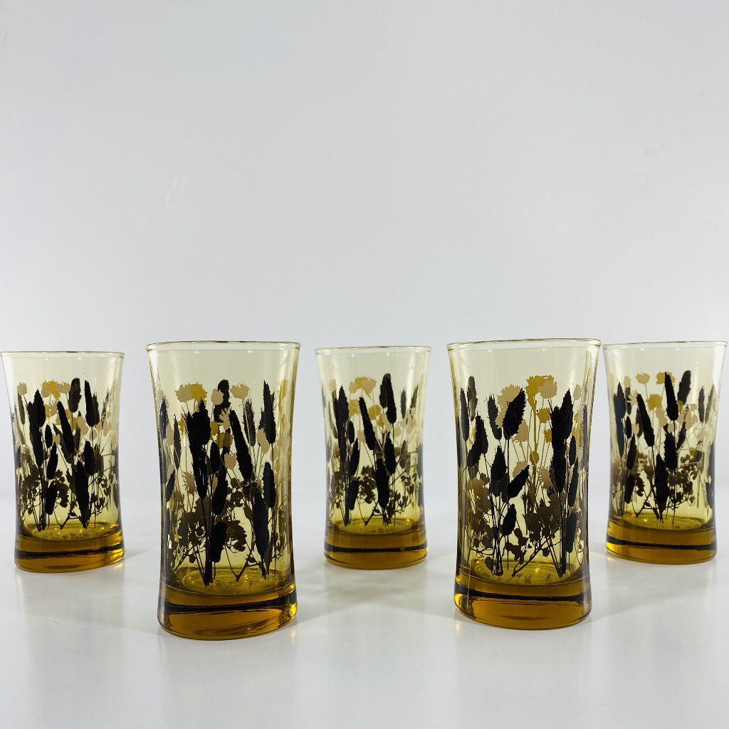 Set of 5 Vintage MID CENTURY MODERN FEDERAL INTERLUDE AMBER Juice Glasses With Floral CATTAIL MOTIFF
