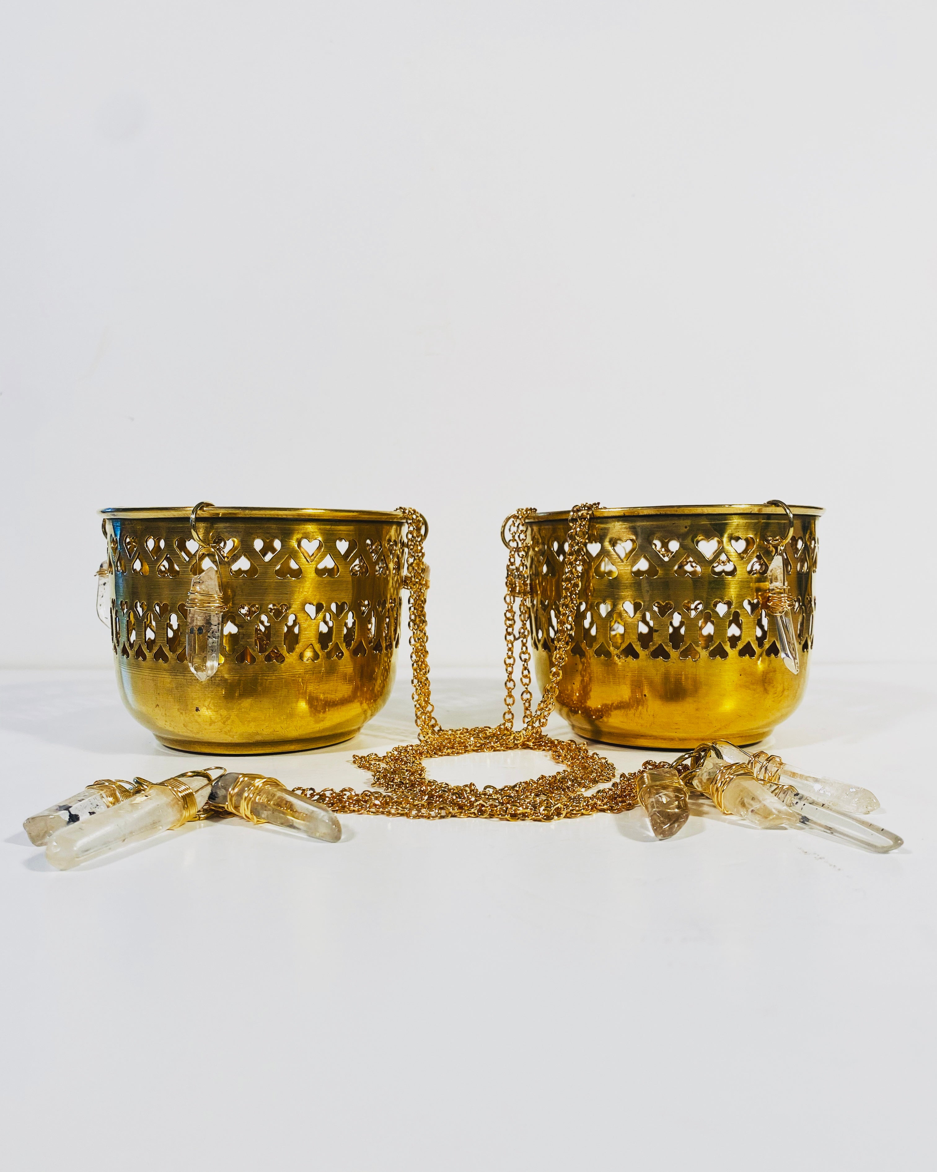 Pair of Brass Lanterns Candle Holders With Crystal Quartz Embellishments