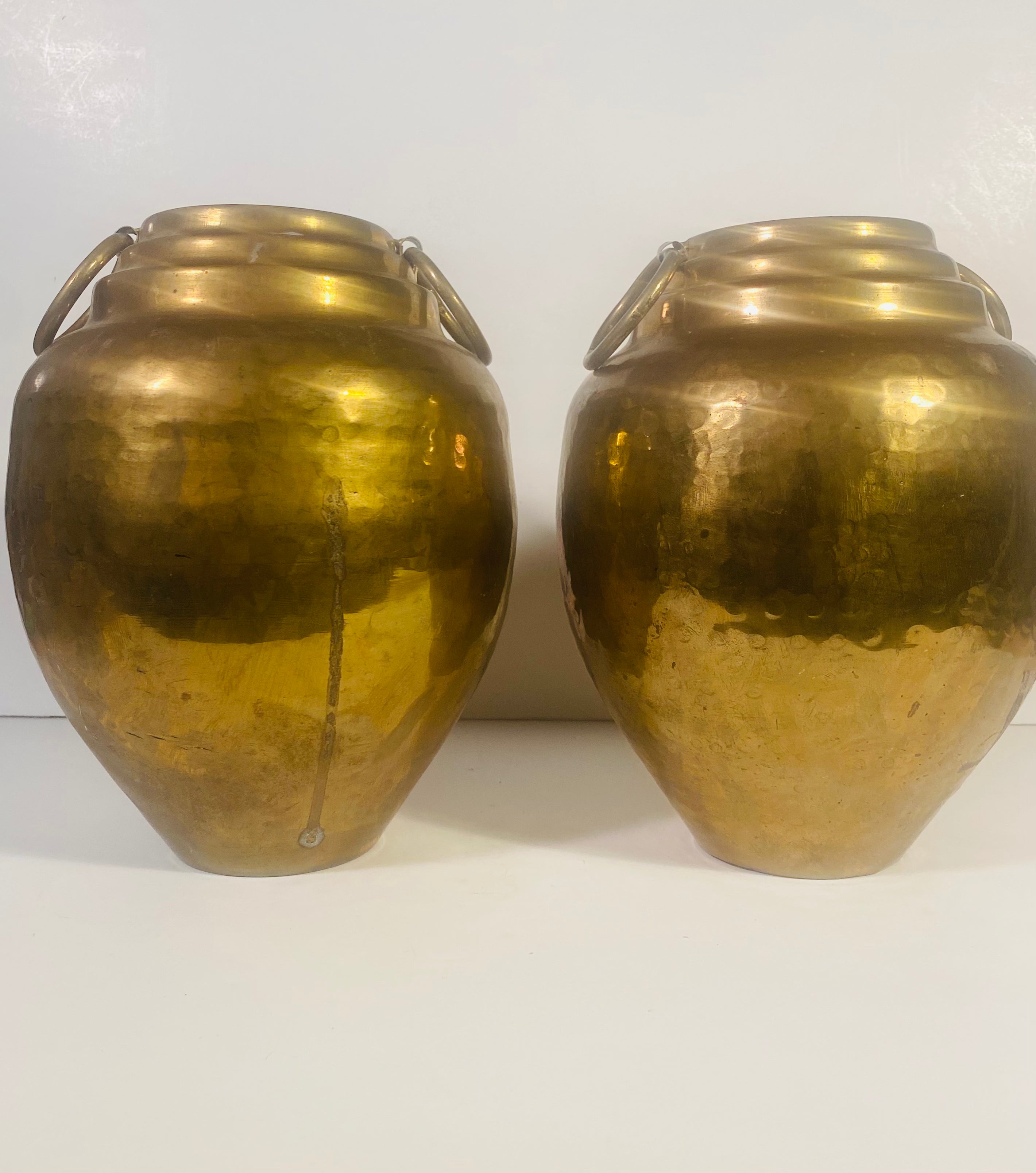 Vintage Hammered Brass Vase Planter With Side Ring Detail