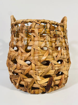 Crystal Embellished Woven Natural Basket With Handles