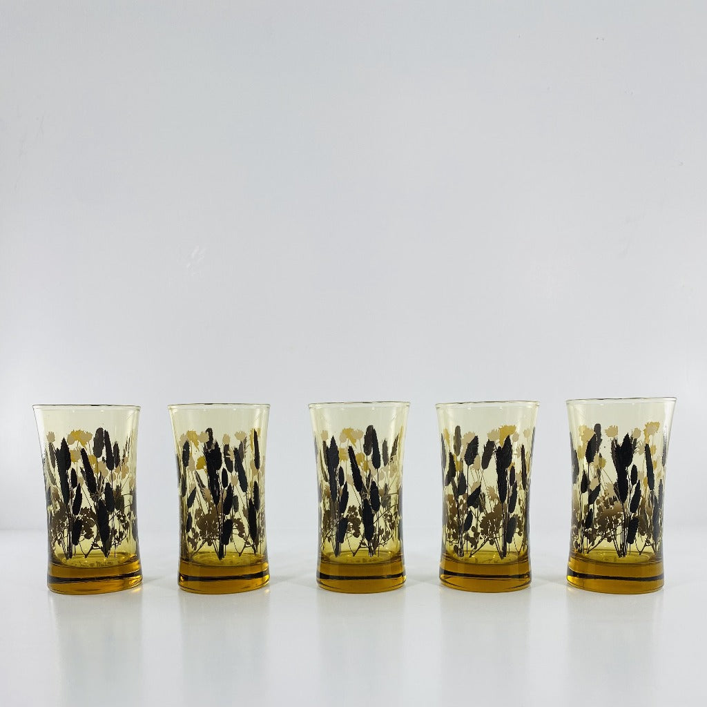Set of 5 Vintage MID CENTURY MODERN FEDERAL INTERLUDE AMBER Juice Glasses With Floral CATTAIL MOTIFF