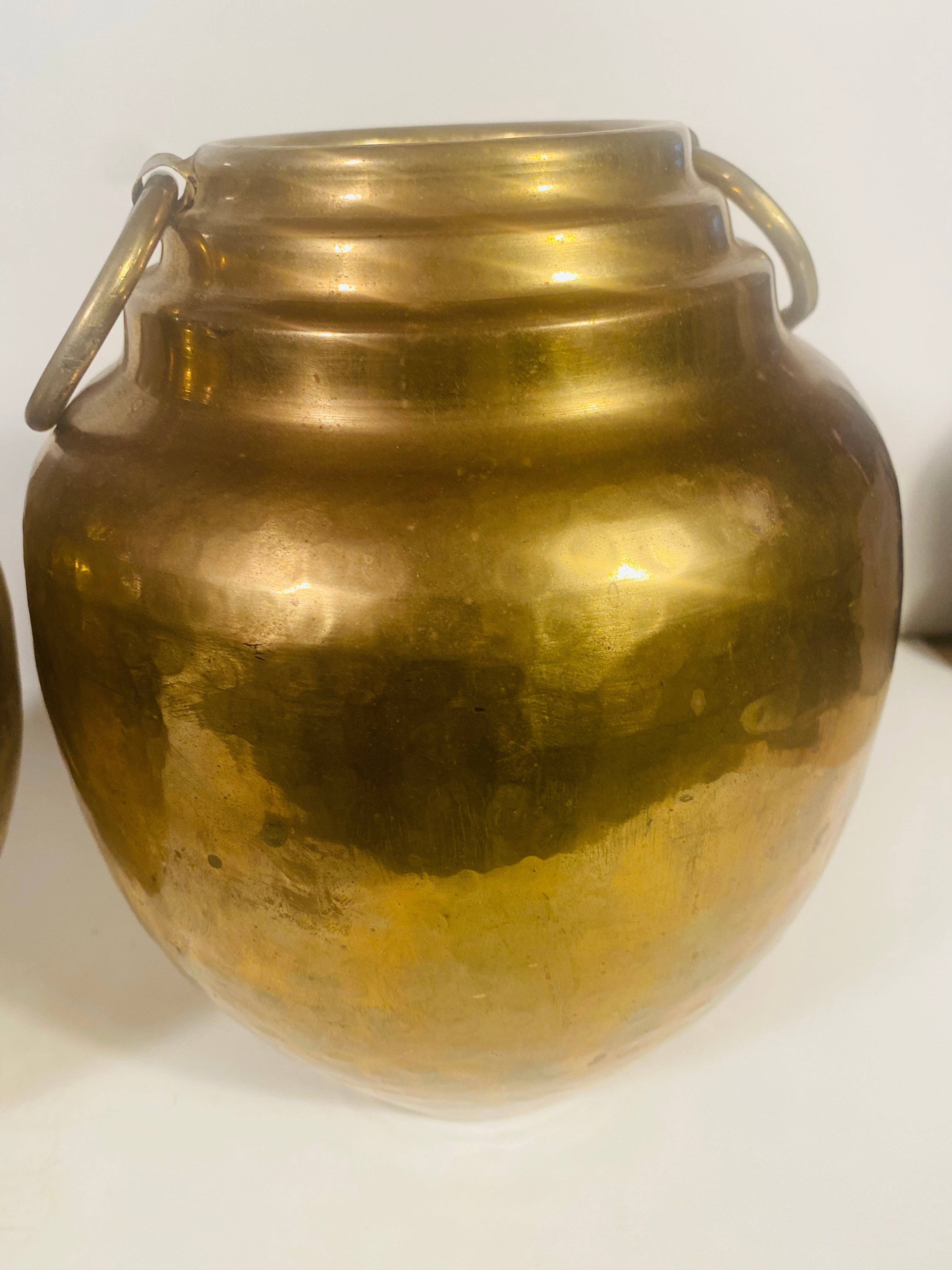 Vintage Hammered Brass Vase Planter With Side Ring Detail
