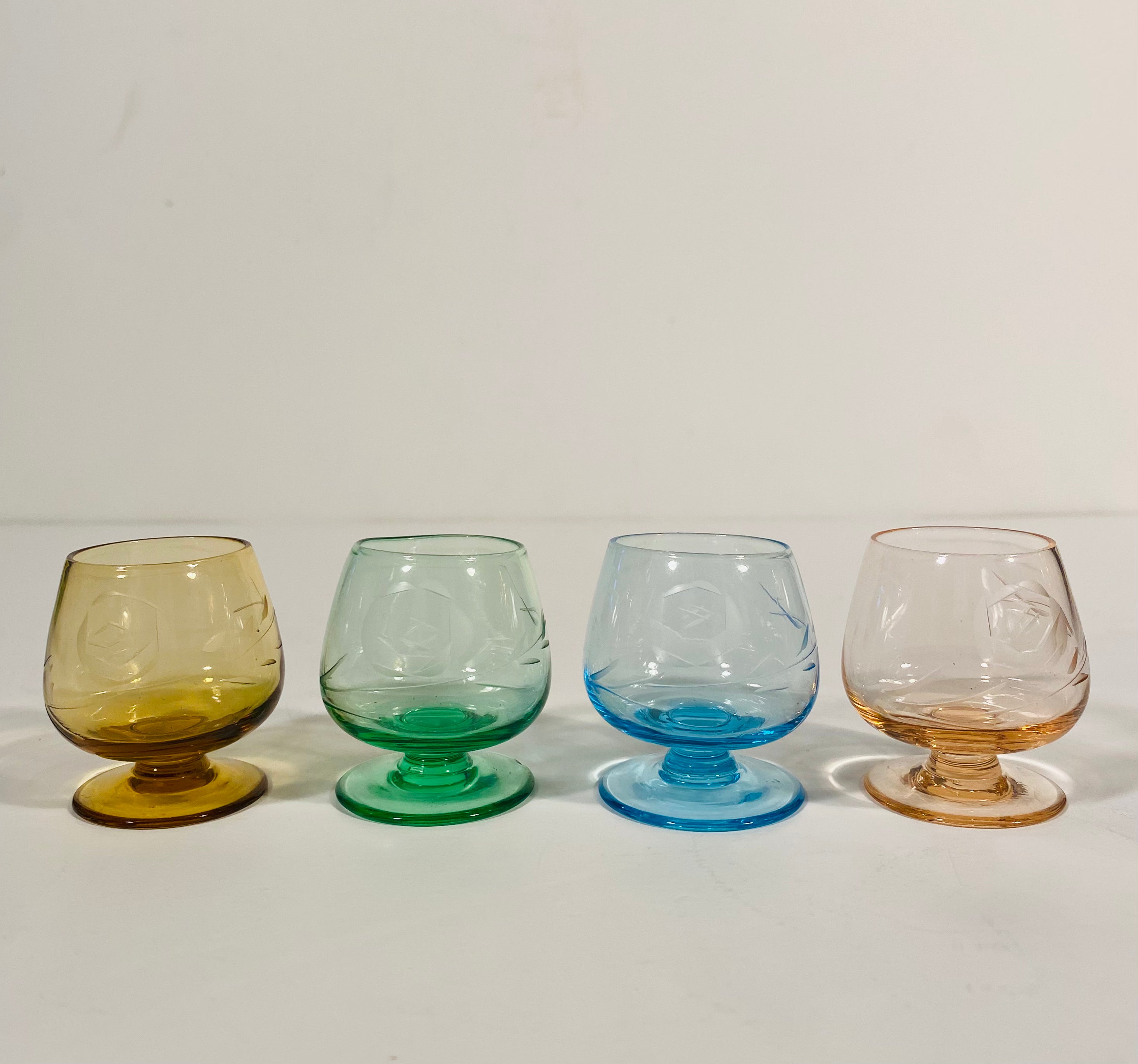 Vintage Colored Aperitif/Shot Glasses with Etched Rose Detail - Set of 4
