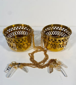 Pair of Brass Lanterns Candle Holders With Crystal Quartz Embellishments
