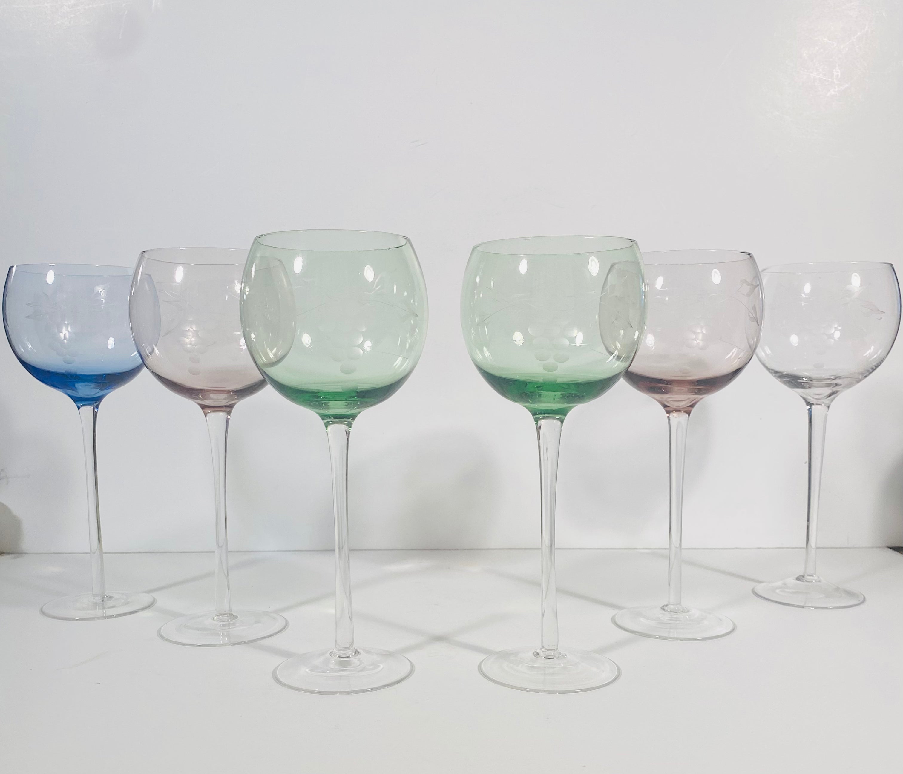 Vintage Colored Balloon Wine Glasses with Etched Glass Detail - Set of 8