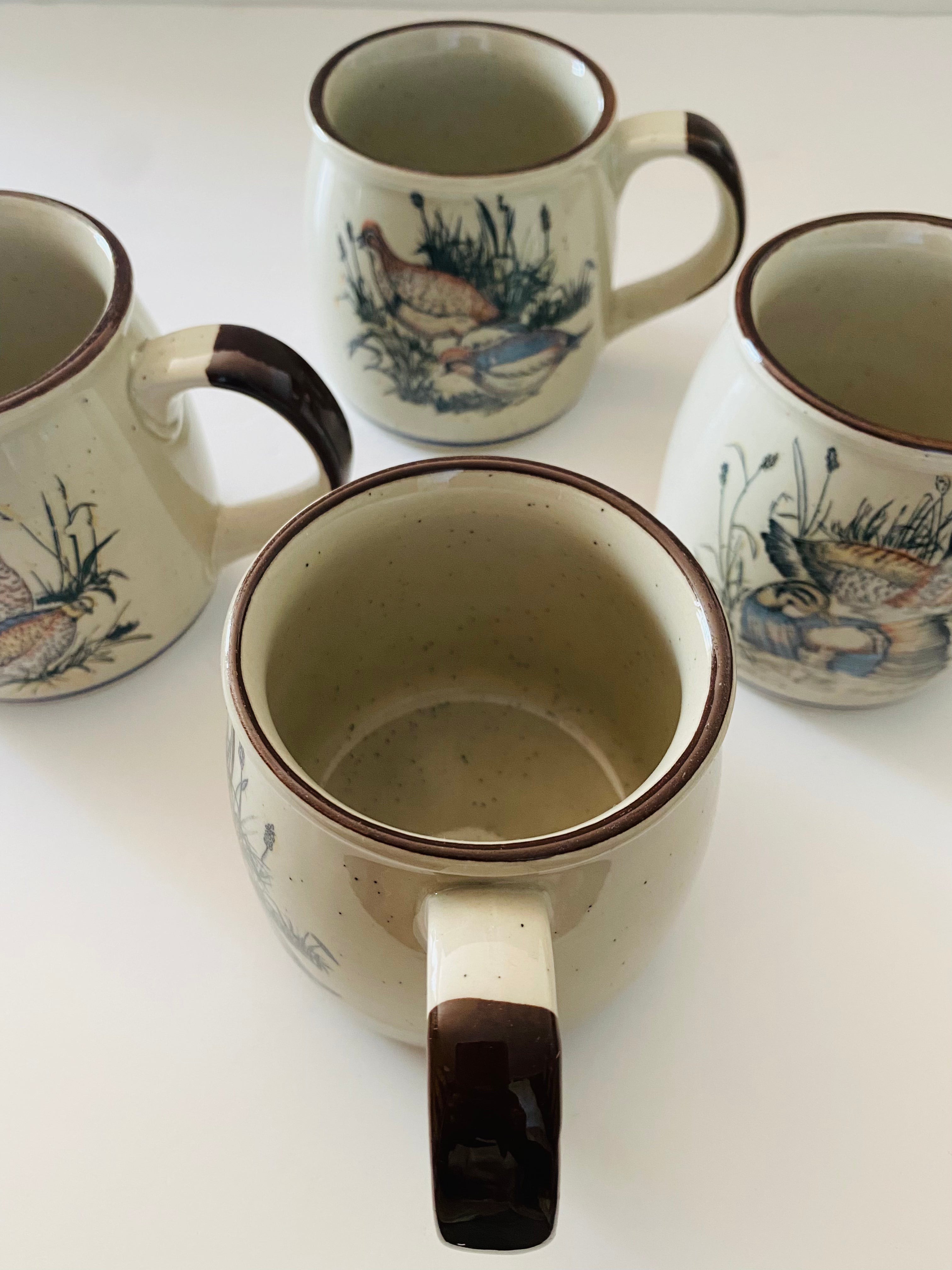 Rare Vintage Stoneware Coffee Mugs With Fowl Scenes